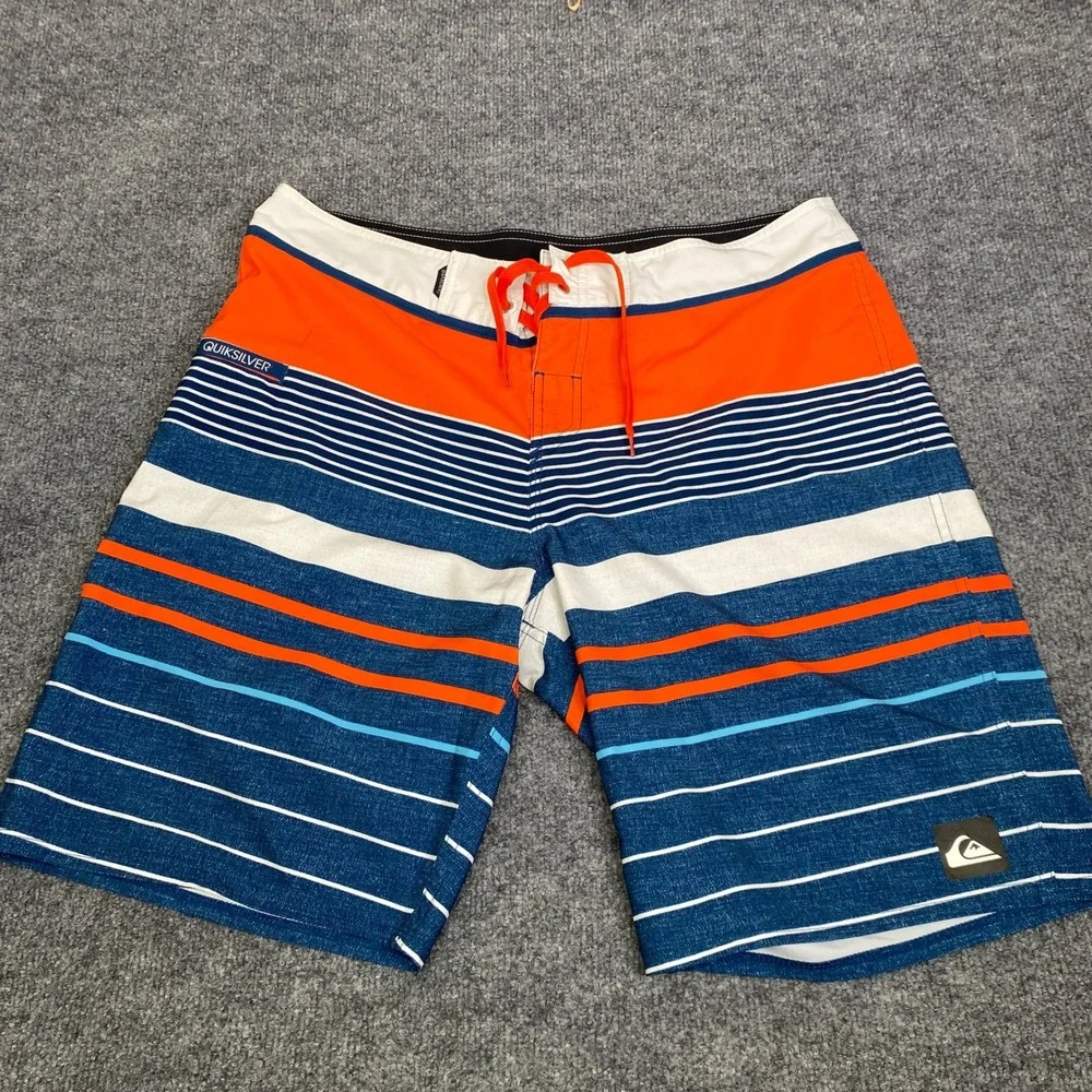 Quiksilver Mens Board Shorts Blue Orange White Striped Swim Trunks Size 36